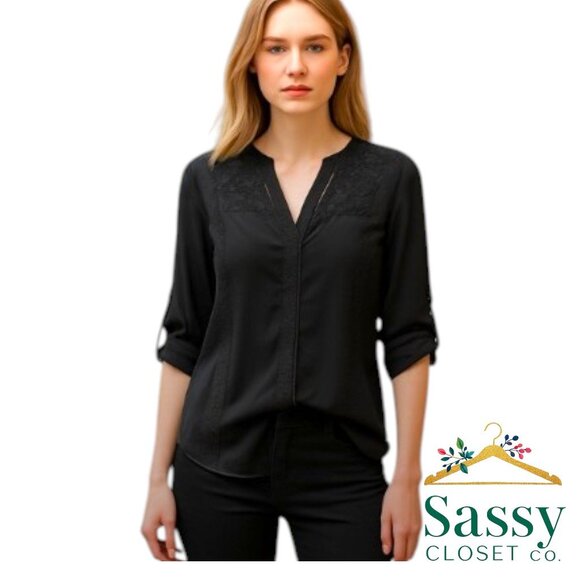 Black Blouse – CALVIN KLEIN, Tabbed Sleeves, Textured, Sz L, Excellent - Picture 1 of 4